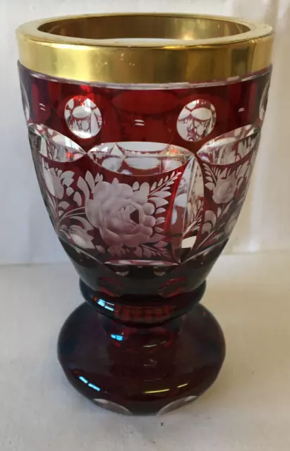 Ranftbecher Pokal Glas Böhmen rubinrot Rosen Schliff Goldrand H15cm/153.3