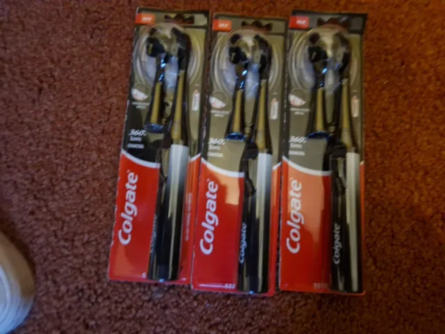 3x COLGATE 360 SONIC CHARCOAL BATTERY SOFT TOOTHBRUSH WITH ONE REPLACEALBE HEAD