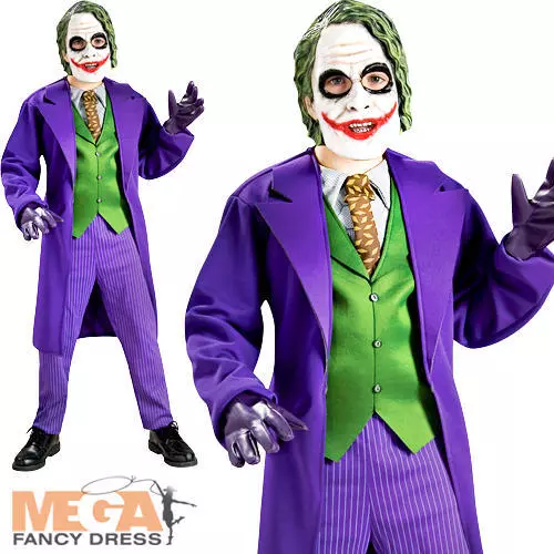 Deluxe The Joker Kids Fancy Dress Batman Villian Boys Halloween Costume + Mask