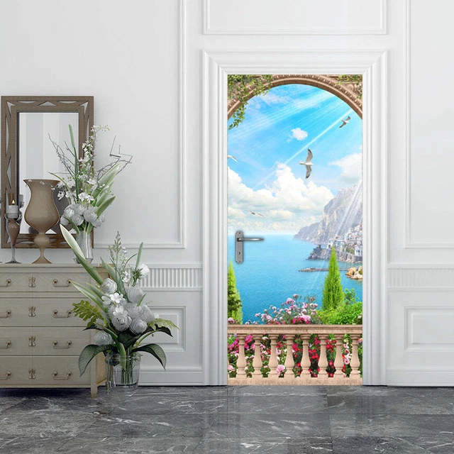 Decorazione adesiva Porta balconcino sul mare sticker lavabile pvc varie misure