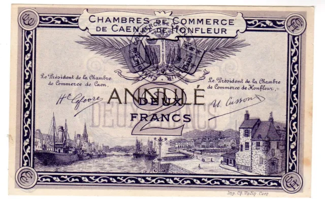 FRANCE CHAMBRE DE COMMERCE HONFLEUR CAEN 2 FRANCs 1915 ANNULé NECESSSITE NEUF