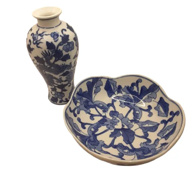 Asian Ceramic Bowl & Vase Floral Design Dragon Blue White Floral Vintage~Pretty