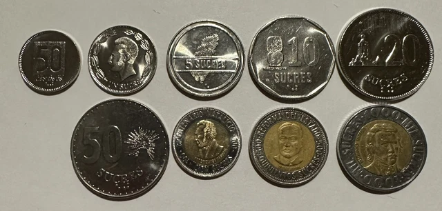 Ecuador 1988-1996 Set of 9 Coins 50¢ 1,5,10,20,50,100,500,1000 Sucres Lot#E9