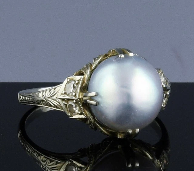 SUPERB c1920 ART DECO 18K WHITE GOLD DIAMOND & BLUE TAHITIAN PEARL COCKTAIL RING