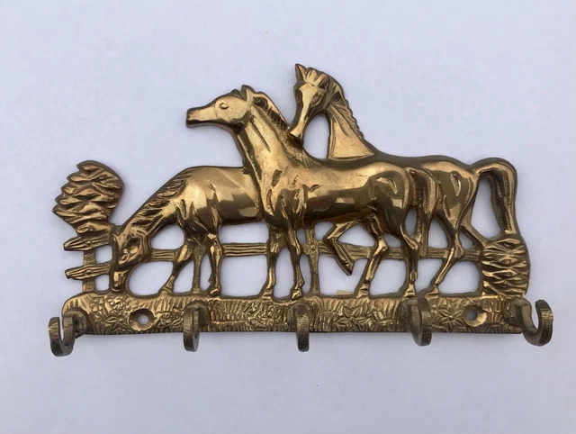 Vintage Brass Horses Wall Hanger 5 Hooks Very Good Condition