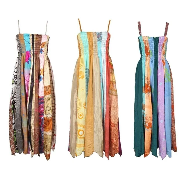 5 Pezzi Lotto Da Vintage Riciclato Sari Seta Maxi Abito Spiaggia