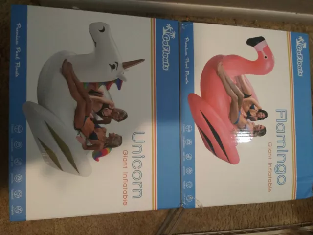 GoFloats Giant UNICORN &  Flamingo Inflatable RAFT GRADE 2 Person LOT