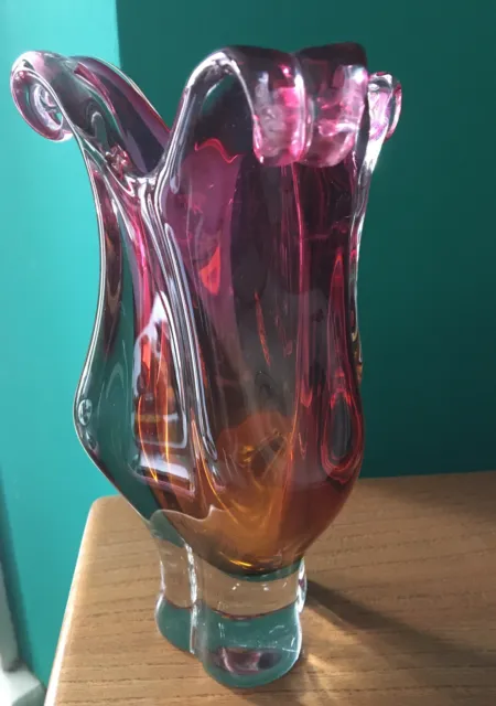 Vintage Chribska Josef Hospodka Czech Art Glass Vase Pink Orange Chunky 1970s