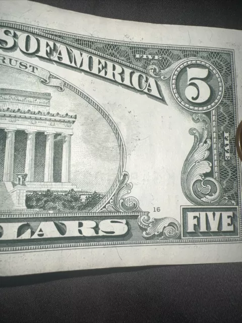 1995 5 Dollar Bill Abraham Lincoln, MISPRINT 3