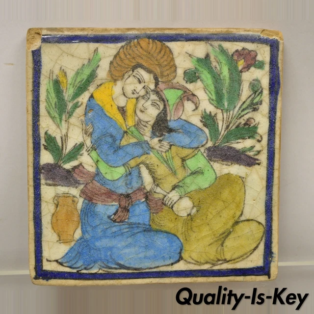Antique Persian Iznik Qajar Style Square Ceramic Pottery Tile Blue Couple C5