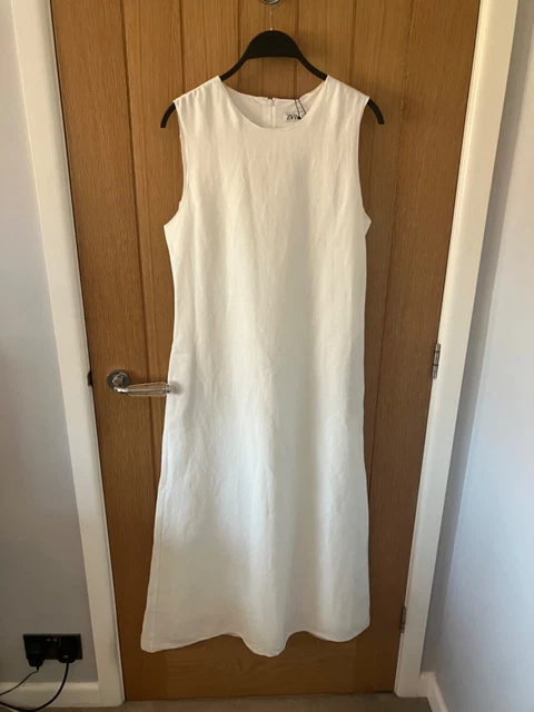 knee length dresses for ladies Zara White V-neck Sleeveless Relaxed Fit Pull On Midi Maxi Shift Tank  Brie