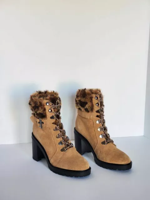 Women's Brown Suede Guess Geisha Fur Lace Up Booties Size 8 Nwt $149