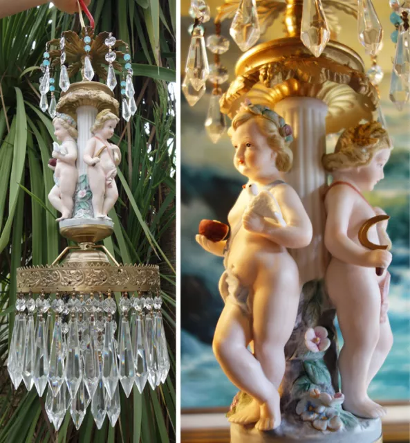 Vintage Bisque Porcelain Cherub chandelier Swag crystal prism lamp Brass light