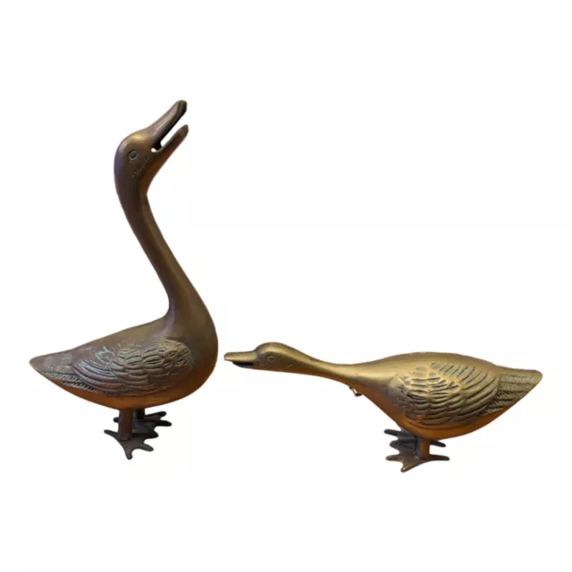 Pair Of Solid Brass 9" Ducks Geese Goose Swan Bird Figurines Made In Taiwan