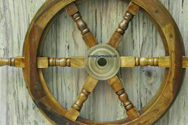 18" Nautical Wooden Ship Steering Wheel Pirate Wood Brass Fishing Wall Décor