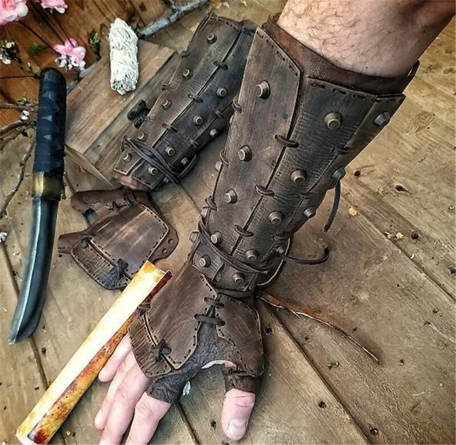 Medieval Men Lace-up Rivets PU Arm Wrist Cuffs Bracers Warrior Gauntlet Glove