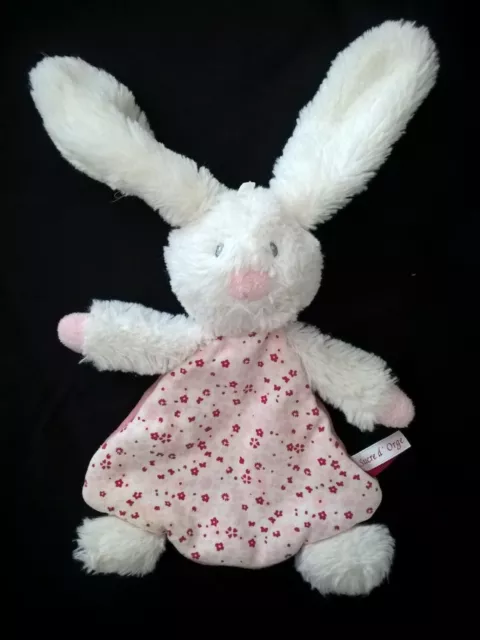 Doudou Plat Lapin Sucre D'orge Fourrure Blanc Rose Fleur Neuf