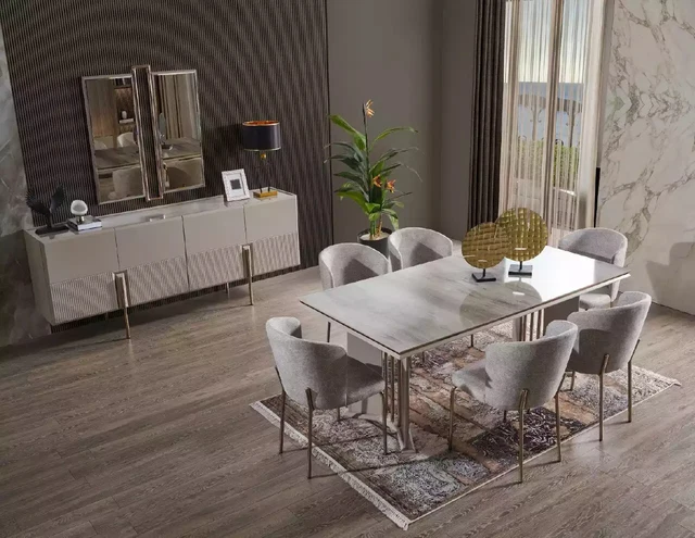 Muebles de comedor juego completo mesa de comedor muebles de acero inoxidable sillas 8 piezas