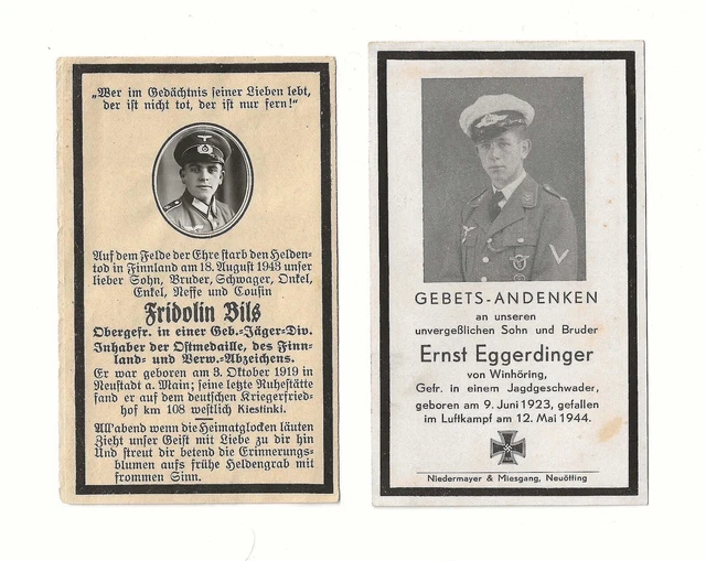 2 WW2 GERMAN Death Cards Luftwaffe Pilot/Finland Mountain Div. WWII
