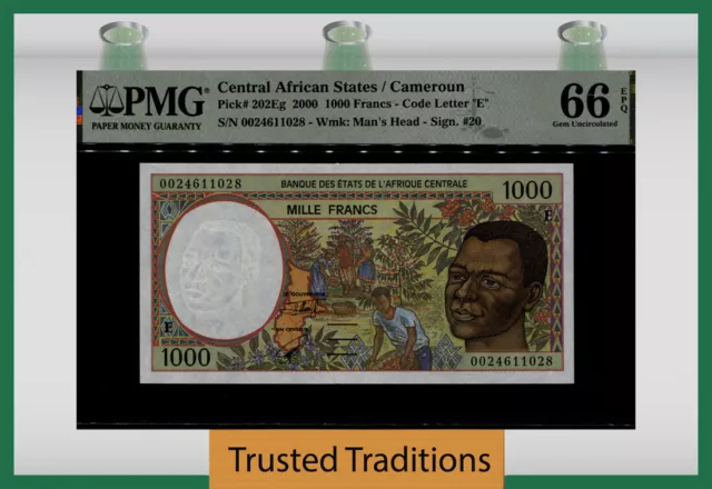 TT PK 202Eg 2000 CENTRAL AFRICAN STATES / CAMEROUN 1000 FRANCS PMG 66 EPQ GEM