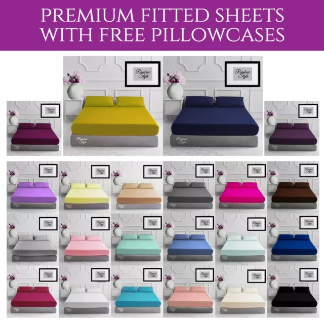 Plain Dyed Poly Cotton Percale Fitted Bed Sheet & Matching FREE 2 X PILLOW CASE