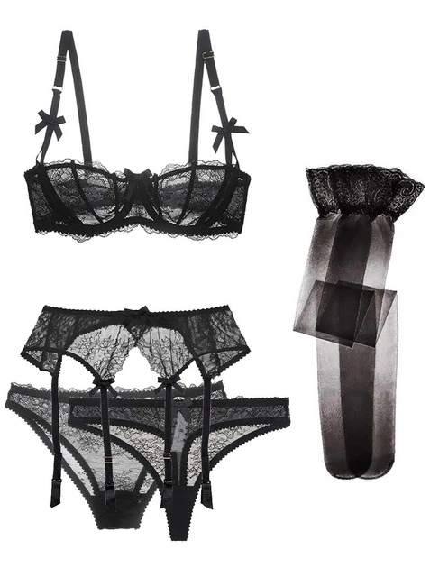 Set Intimo Fine 5pcs Nero Con Pizzo Trasparente, Biancheria Intima Sexy