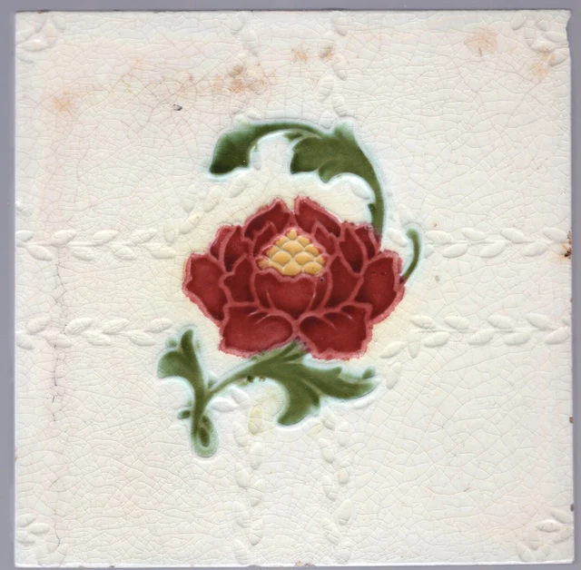 Red & Yellow Peony Flower - c1900 - Antique Majolica - Art Nouveau - 6x6 Tile