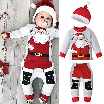 Newborn Neonato Baby Ragazzi Ragazze Natale Santa Clause Top Pantaloni Cappello Abiti Set