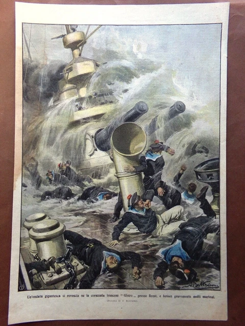 Retrocopertina Domenica Corriere nr. 4 del 1909 Ondata su Corazzata Gloire Brest