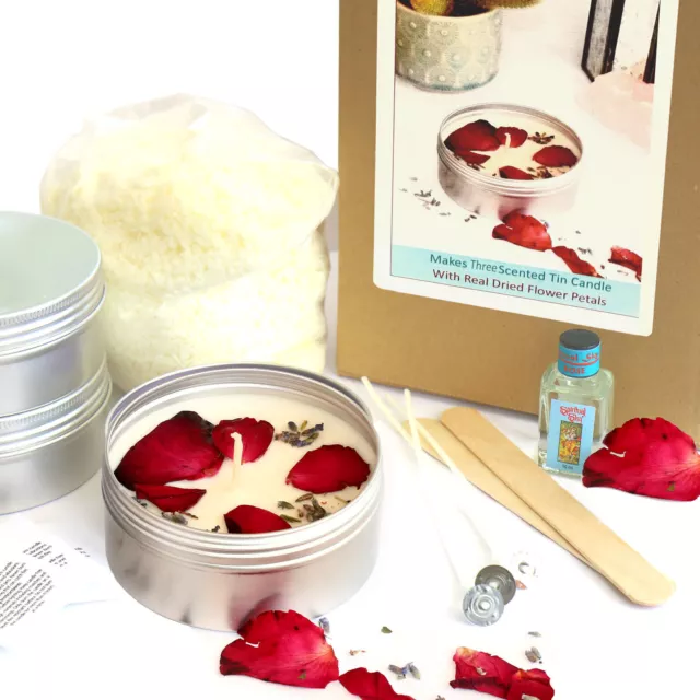 CANDLE MAKING KIT Makes 3 Dried Flower Petal Scented Eco Soy Wax Tin Candles KVH