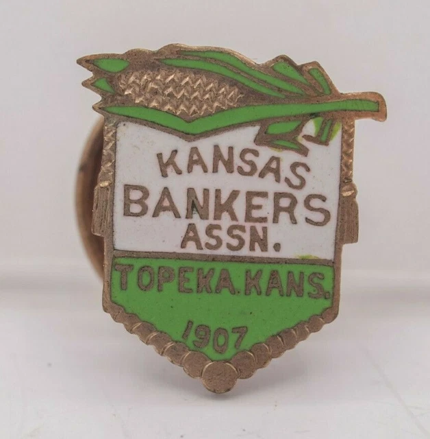 1907 Kansas Bankers Assn. Topeka Kansas Enamel Screw Back Pin - Whitehead & Hoag
