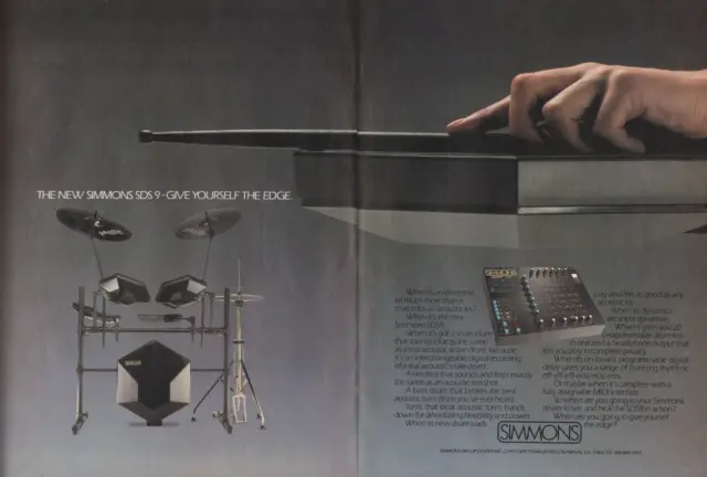 1985 2pg Print Ad of Simmons SDS9 Electronic Drums