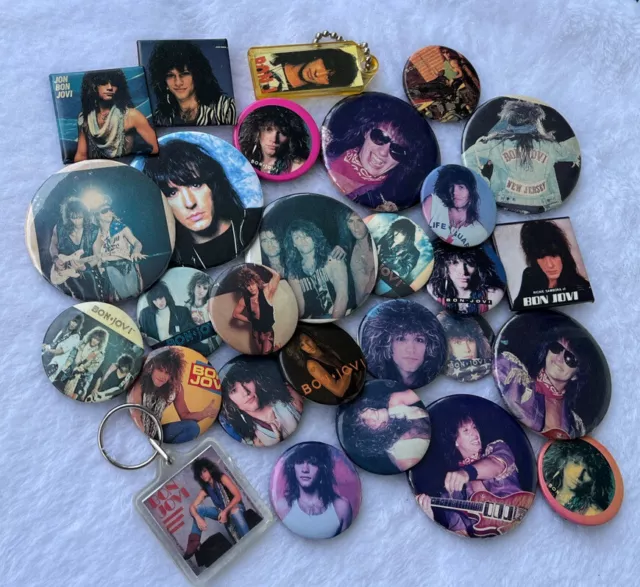 Bon Jovi, Richie Sambora Button Pin Collection Pinbacks Lot Keychain 1980s Vtg