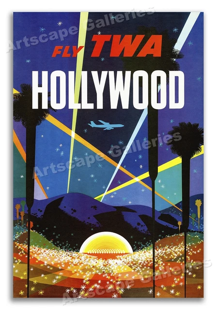 Hollywood! Fly TWA - Vintage Style 1960s Travel Poster - 20x30
