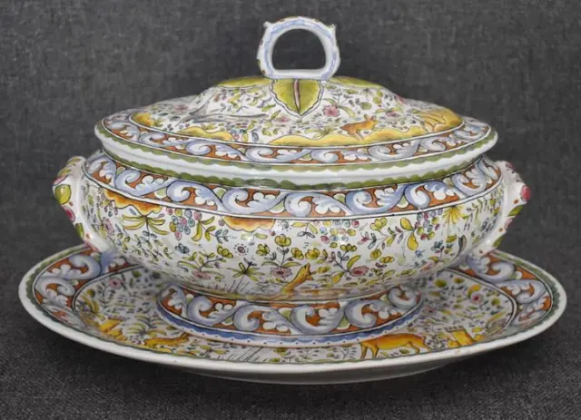 Breathtaking Hand Painted Berardos Portuguese 2 Handled Soup Tureen W Underplate 2