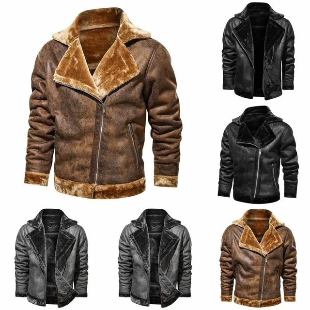 Mens RAF Aviator Faux Fur Leather Jacket Coat Bomber Fleece Pilot Flying Outwear