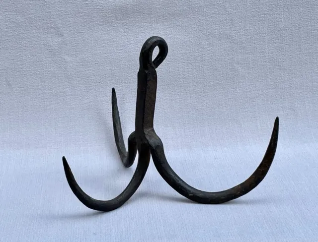Early Antique Hand Forged Wrought Iron Three Prong Hook 19th Century Nice Patina 3