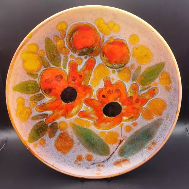 1970s Style Orange Flowers Studio Pottery Signed Plate Wall Plaque