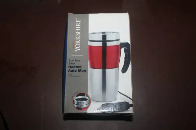 Yorkshire Stainless Steel 13oz Heated Auto Mug Silver & Red w/ 12v Adapter New