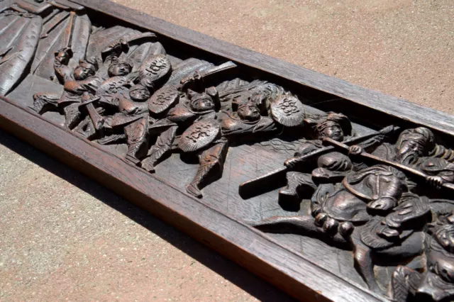 Rare Long 19Th C Chinese Finely Carved Wood Panel Frieze Of Warriors At A Battle