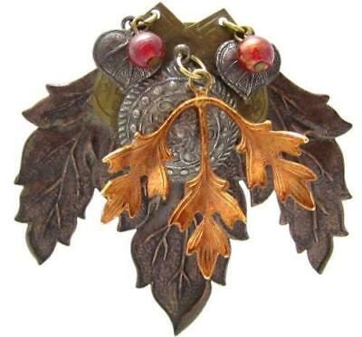 Artisan Made Autumn Leaves Large Ornate Brass Copper Tone Floral Brooch Pin