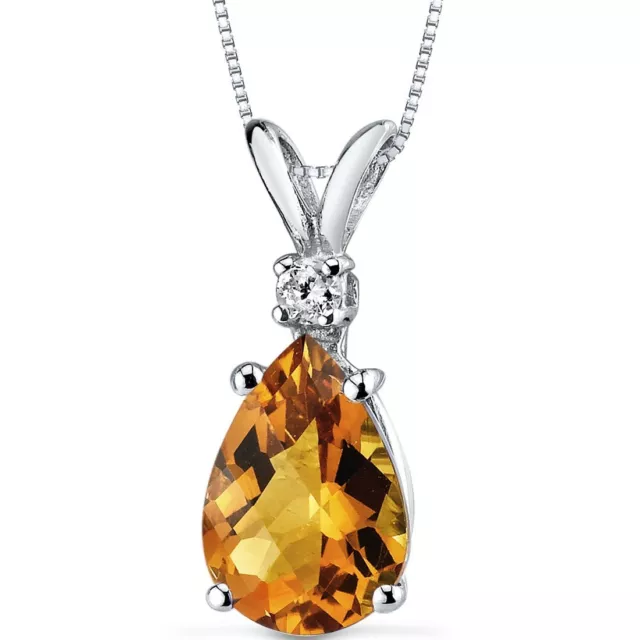 1.50 ct Pear Shape Citrine and Diamond Pendant in 14K White Gold, 18"