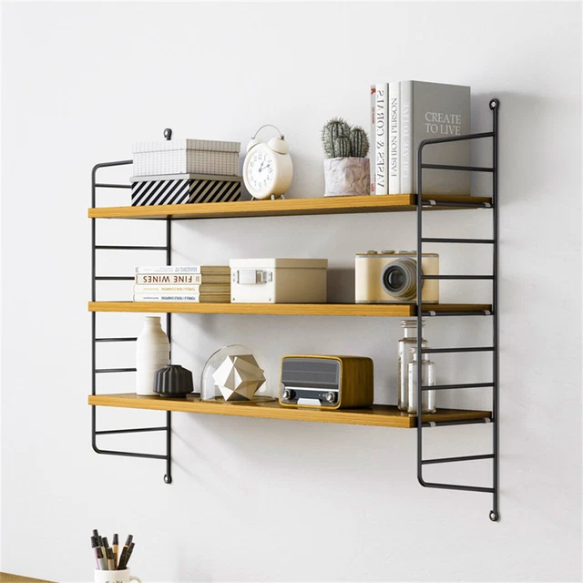 3 Tier Shelf Wall Hanging Shelves Metal Frame Wooden Shelves Decor Natural Wood