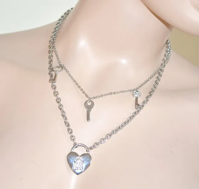 Collana donna girocollo ciondoli argento cuore lucchetto chiavi strass U133