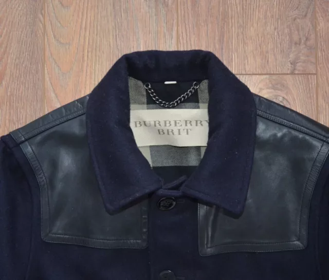 BURBERRY BRIT Chaqueta Piel Lana Hombre Talla L Azul Marino Marca Lujo Moda 3