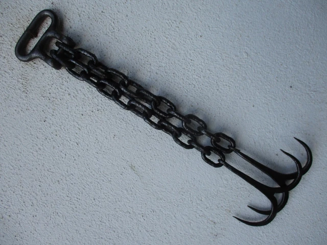 Antique Wrought Iron 2 Double Hook With Chain Hanging Kitchen Rustic Farm Tool 3