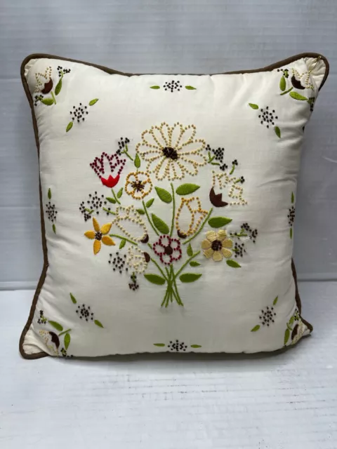 Vintage Needlepoint Throw Pillow Bouquet of Flowers 14" Square