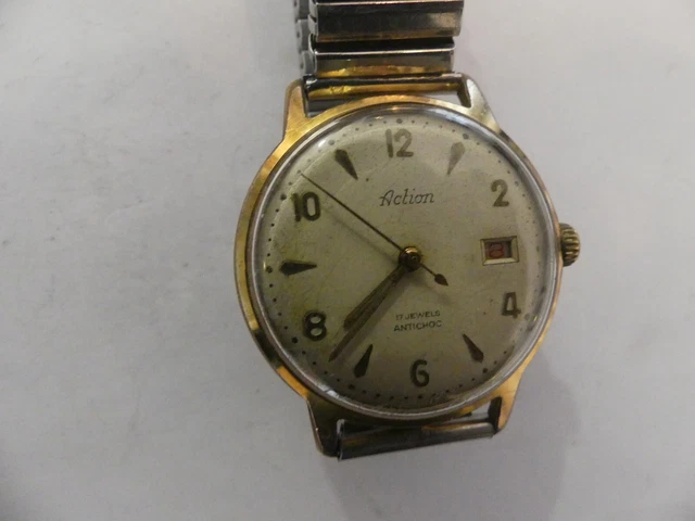 Montre ACTION Homme - Boîtier Acier 36 Mm, Bracelet Noir - Vintage, Pile Incluse