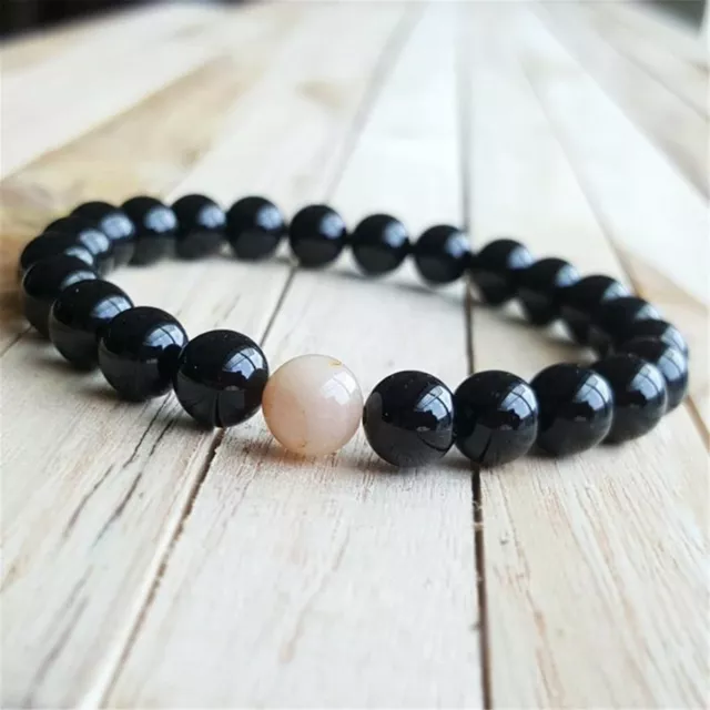 2 pièces 8 mm perles d'onyx noir naturel fait main bracelet de méditation 7,5 pouces 2