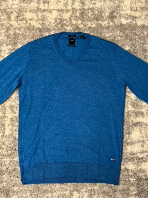 Hugo Boss Mens Slim Fit Sweater Solid Blue Color V Neck Size Medium